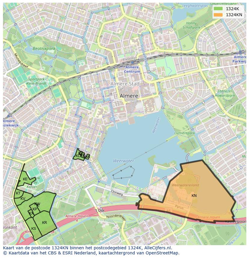 Afbeelding van het postcodegebied 1324 KN op de kaart.