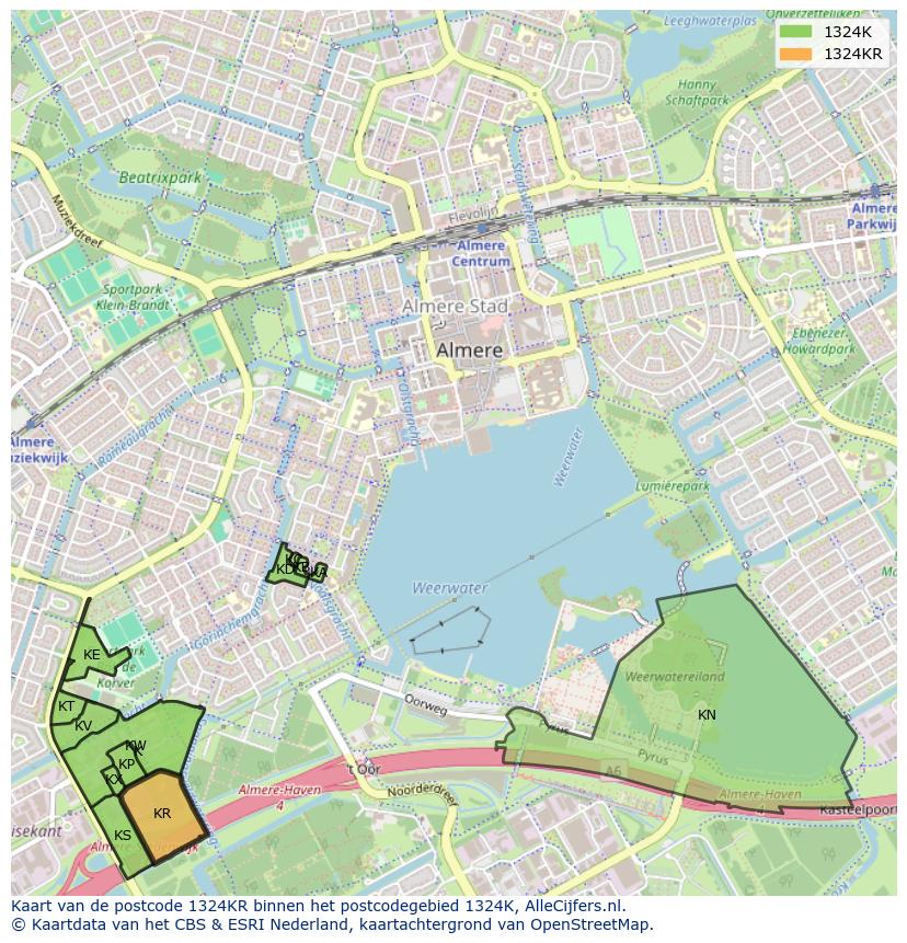 Afbeelding van het postcodegebied 1324 KR op de kaart.