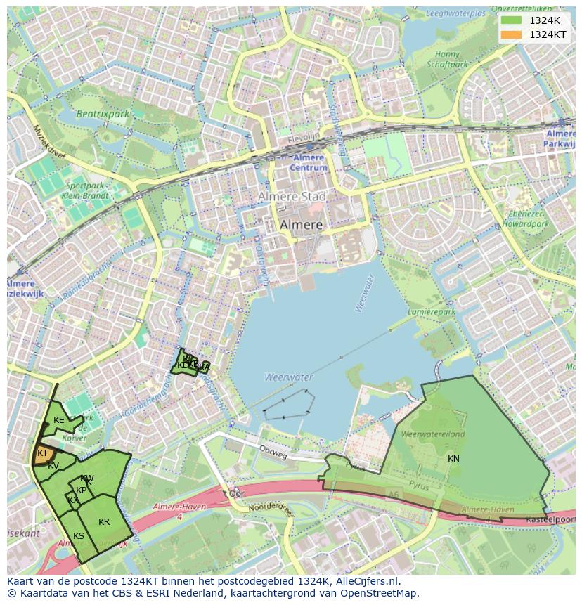 Afbeelding van het postcodegebied 1324 KT op de kaart.