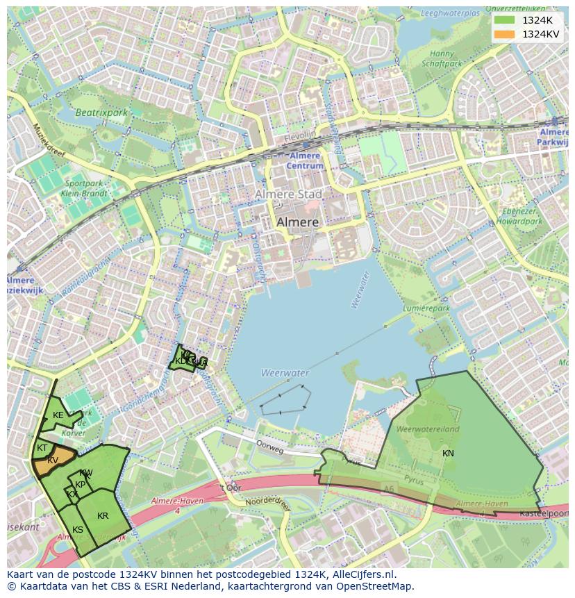 Afbeelding van het postcodegebied 1324 KV op de kaart.