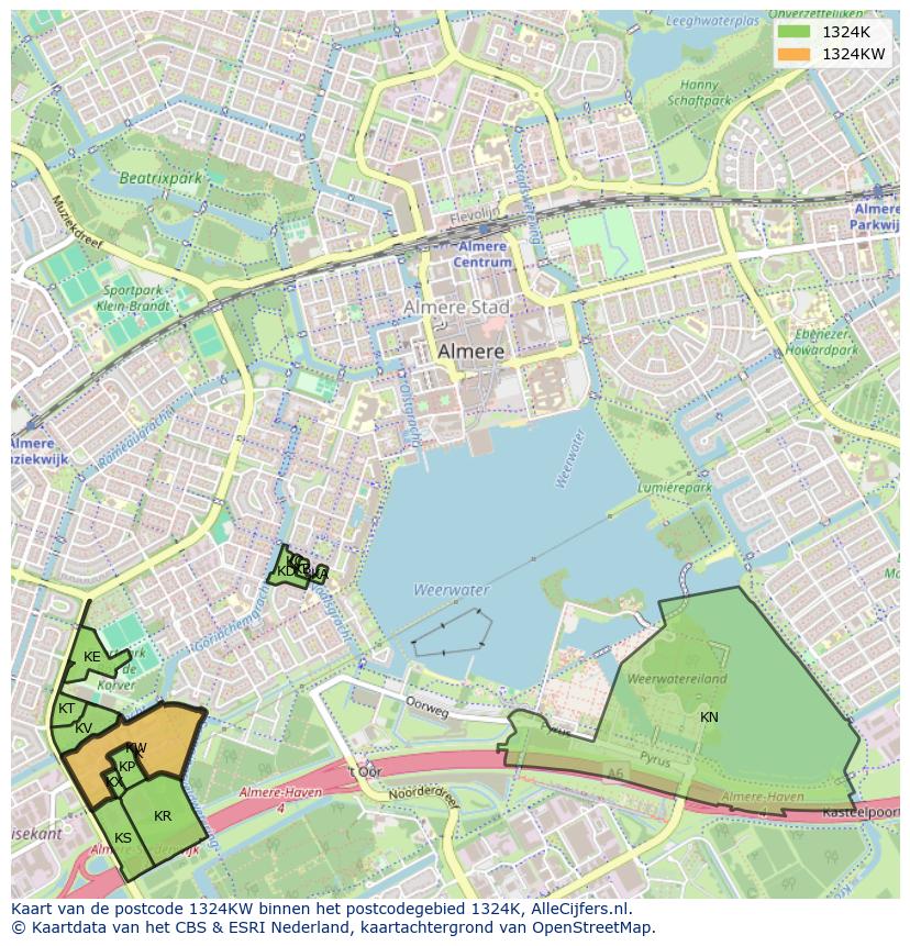 Afbeelding van het postcodegebied 1324 KW op de kaart.