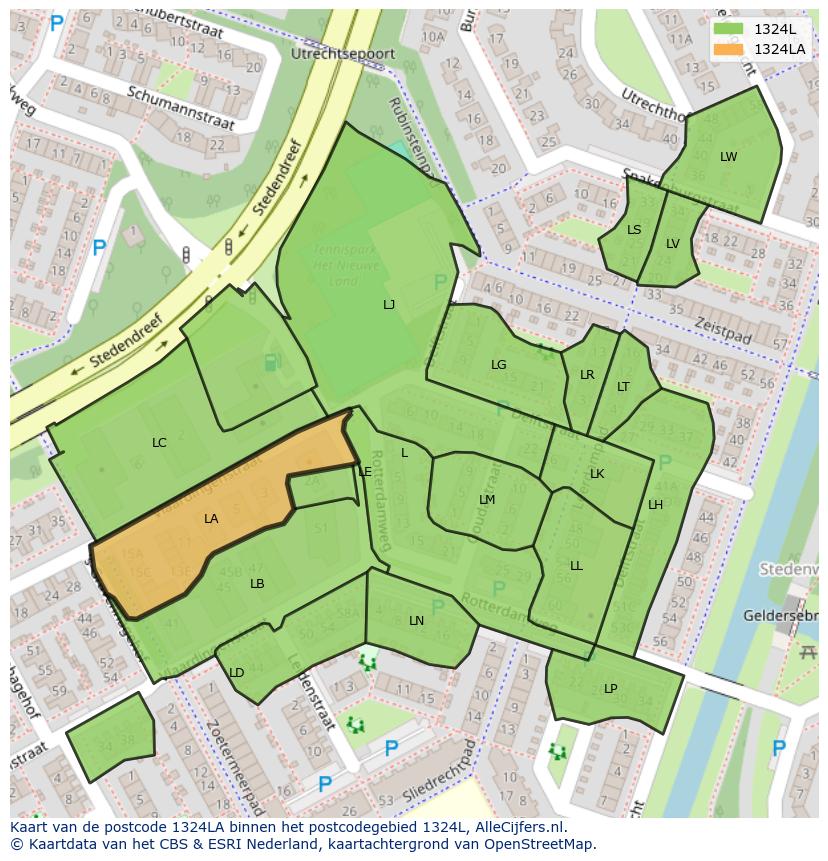 Afbeelding van het postcodegebied 1324 LA op de kaart.