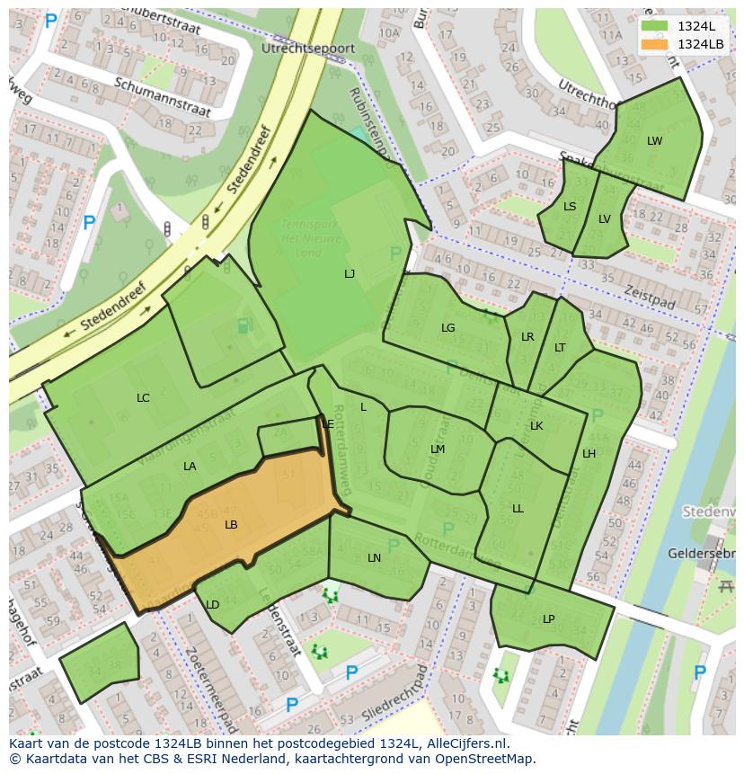 Afbeelding van het postcodegebied 1324 LB op de kaart.