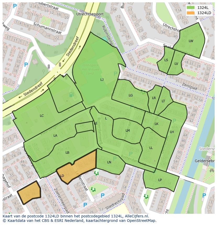 Afbeelding van het postcodegebied 1324 LD op de kaart.