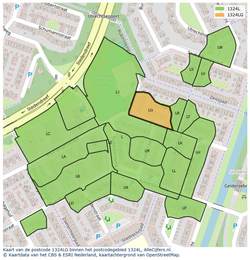 Afbeelding van het postcodegebied 1324 LG op de kaart.