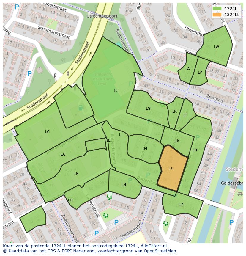 Afbeelding van het postcodegebied 1324 LL op de kaart.