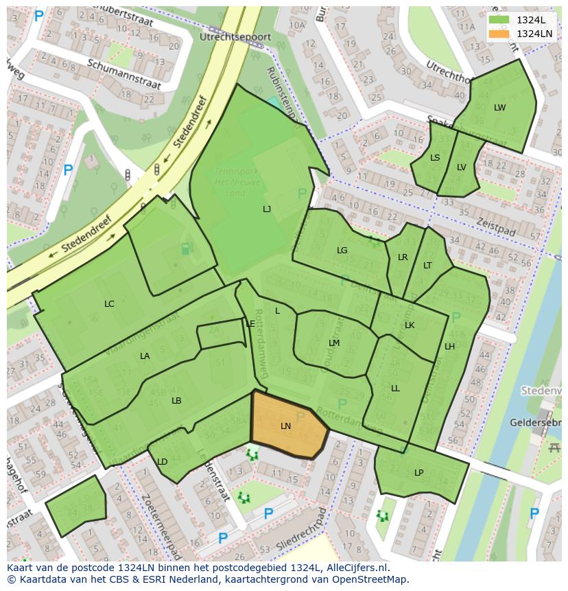 Afbeelding van het postcodegebied 1324 LN op de kaart.