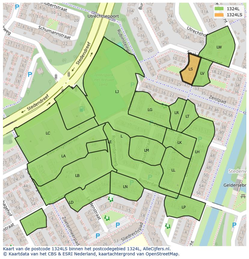 Afbeelding van het postcodegebied 1324 LS op de kaart.