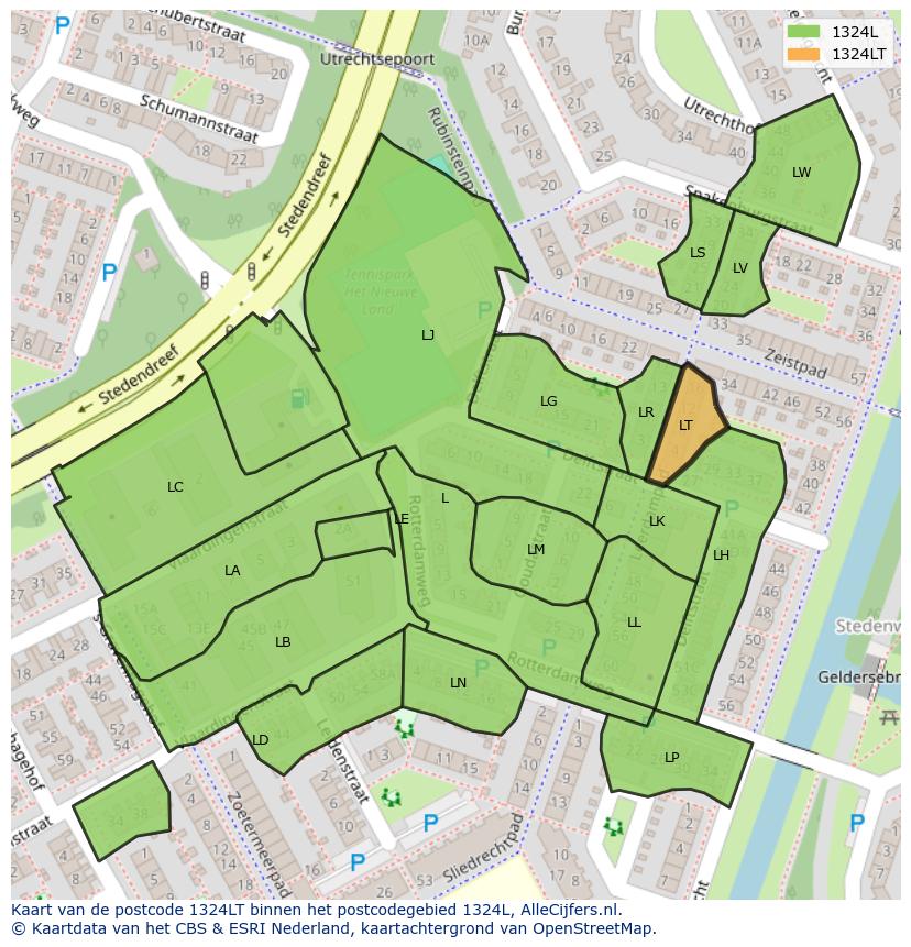 Afbeelding van het postcodegebied 1324 LT op de kaart.