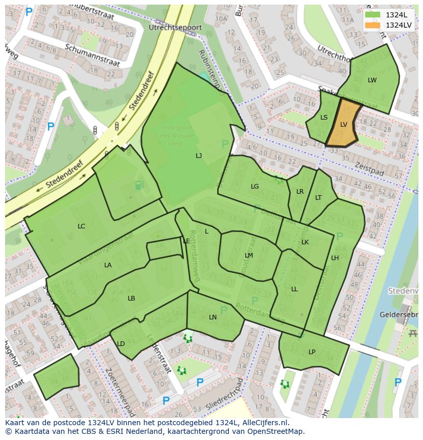 Afbeelding van het postcodegebied 1324 LV op de kaart.