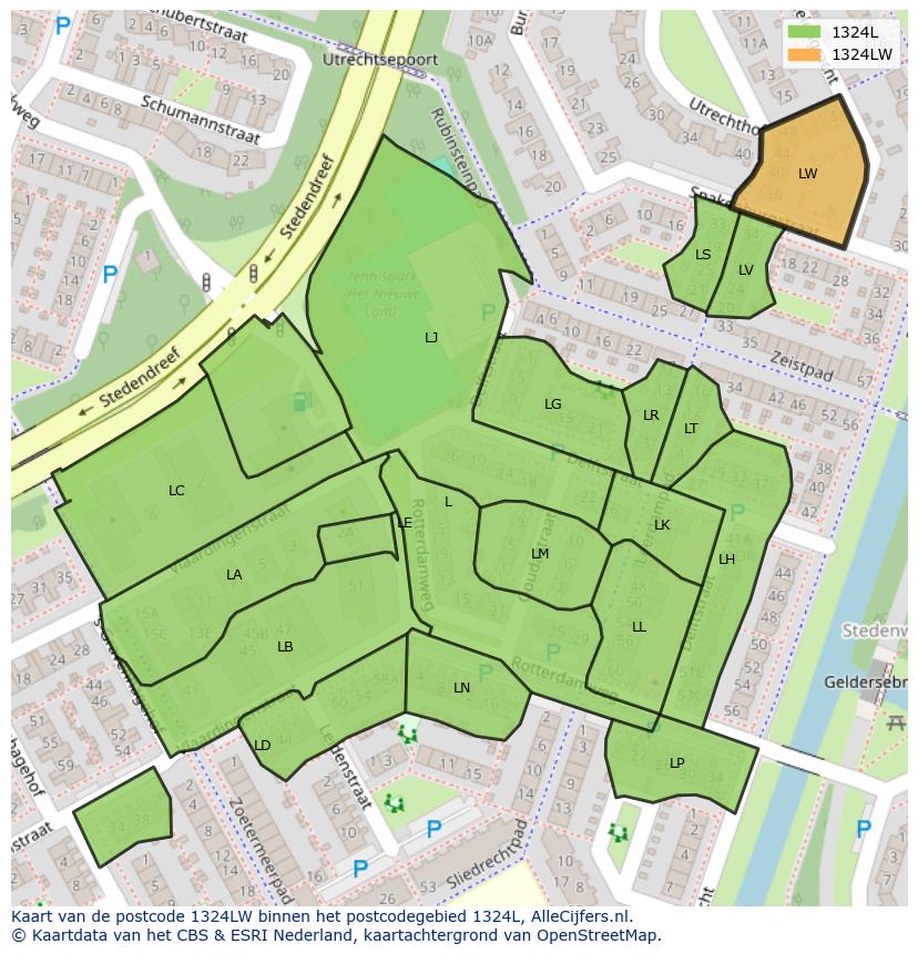 Afbeelding van het postcodegebied 1324 LW op de kaart.