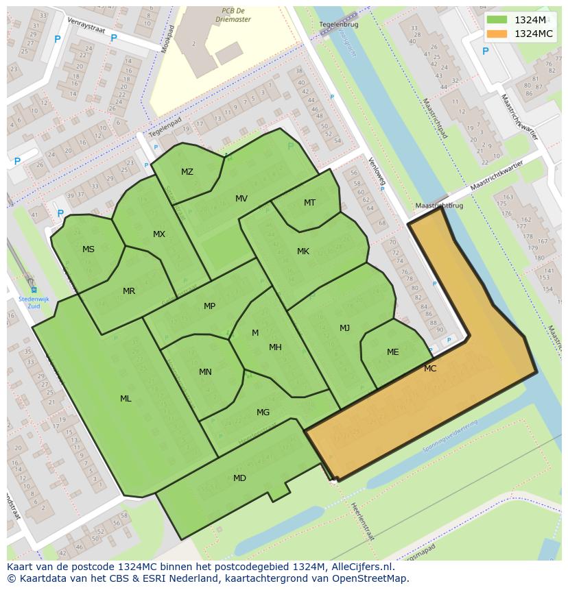 Afbeelding van het postcodegebied 1324 MC op de kaart.