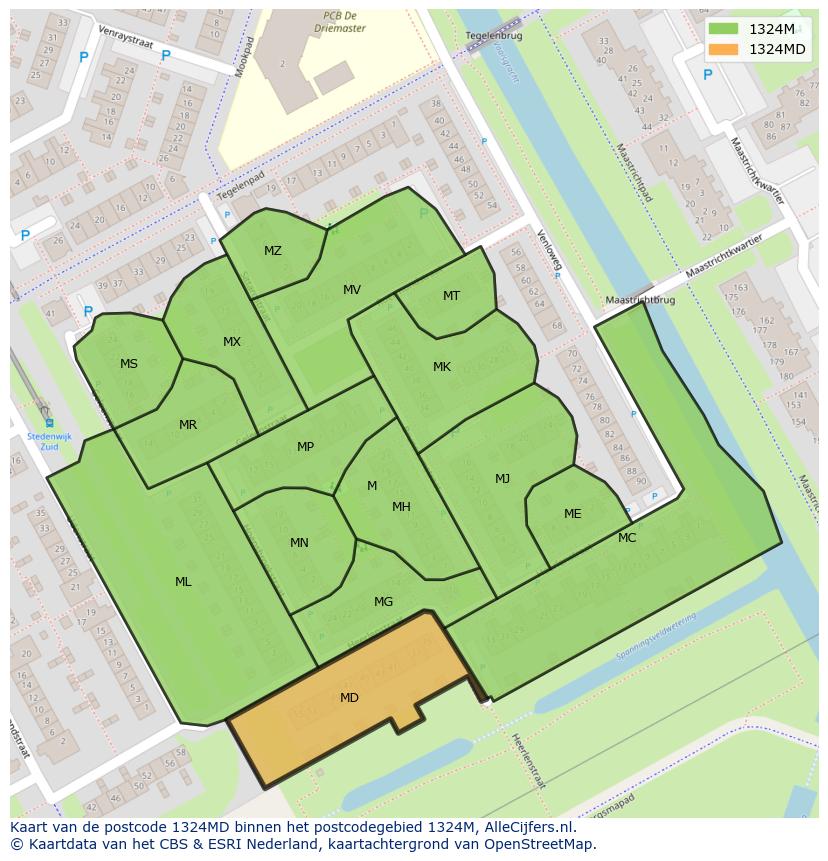 Afbeelding van het postcodegebied 1324 MD op de kaart.
