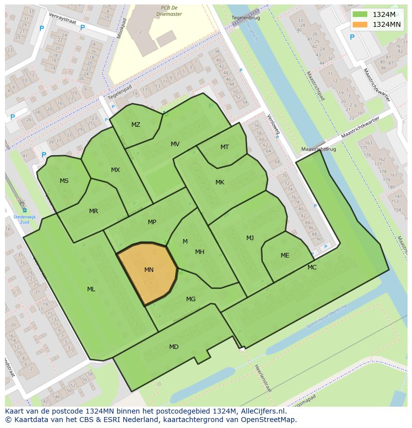 Afbeelding van het postcodegebied 1324 MN op de kaart.