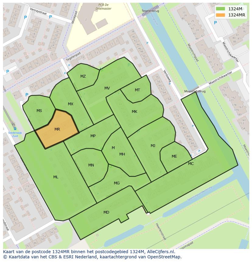 Afbeelding van het postcodegebied 1324 MR op de kaart.