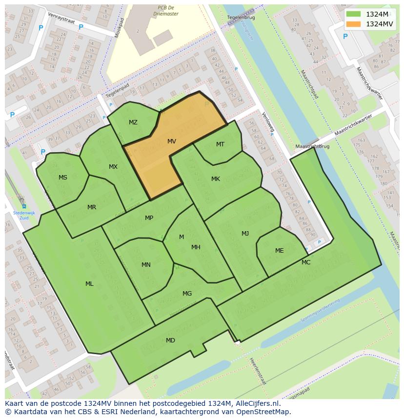 Afbeelding van het postcodegebied 1324 MV op de kaart.