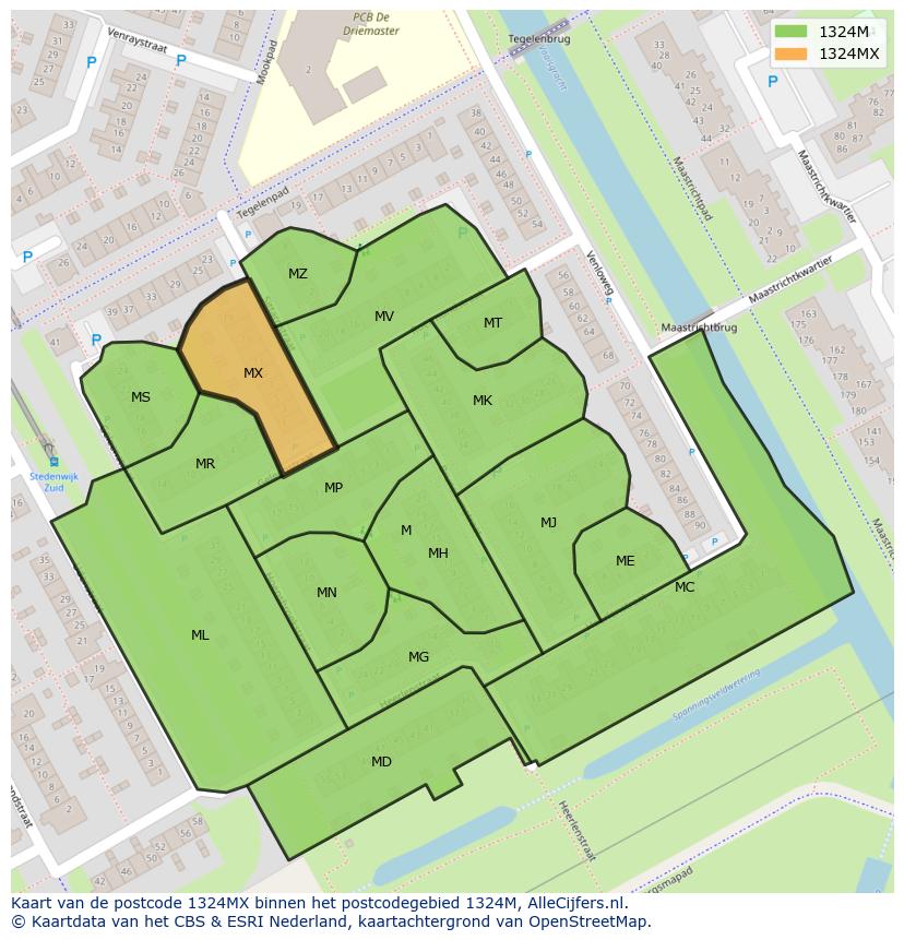 Afbeelding van het postcodegebied 1324 MX op de kaart.