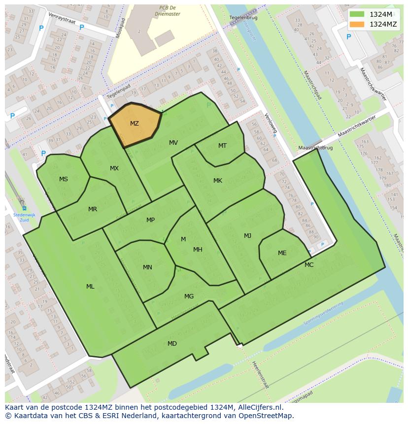 Afbeelding van het postcodegebied 1324 MZ op de kaart.