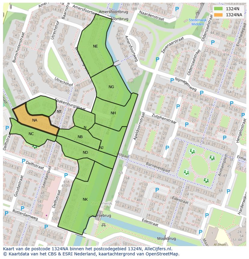 Afbeelding van het postcodegebied 1324 NA op de kaart.