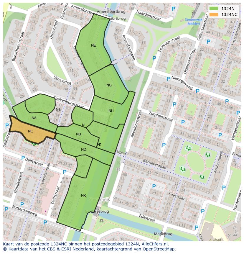 Afbeelding van het postcodegebied 1324 NC op de kaart.