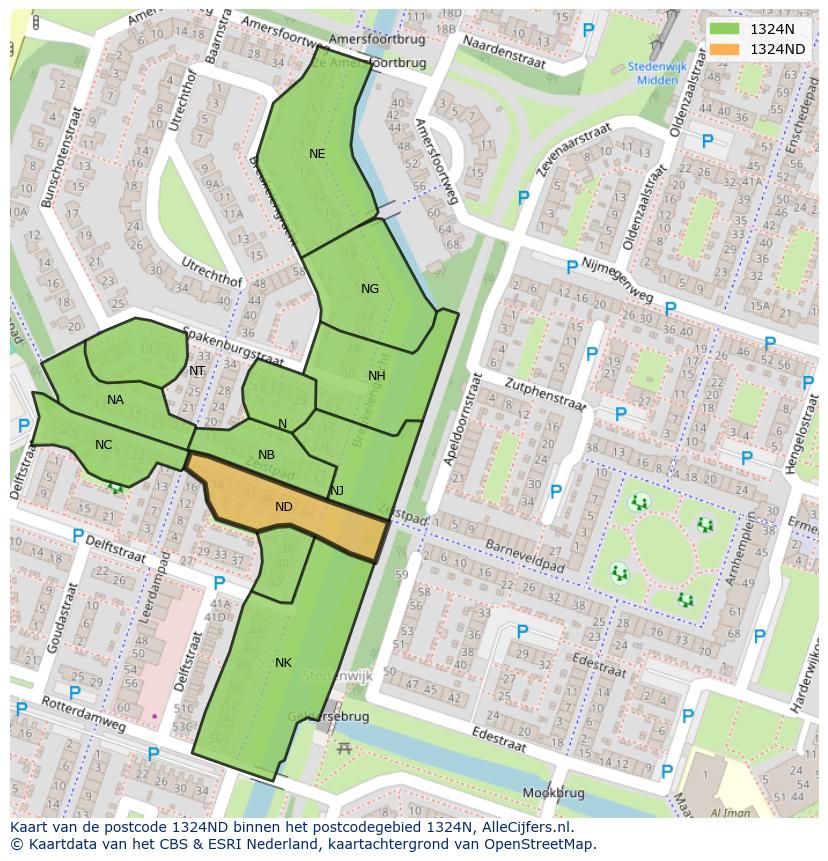 Afbeelding van het postcodegebied 1324 ND op de kaart.