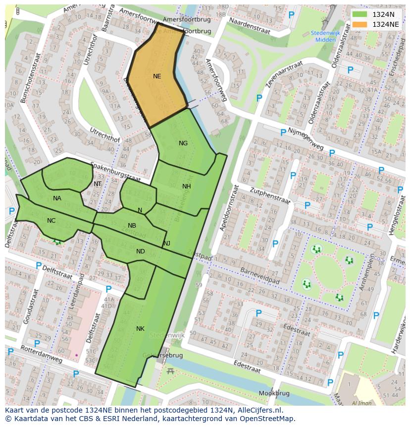 Afbeelding van het postcodegebied 1324 NE op de kaart.