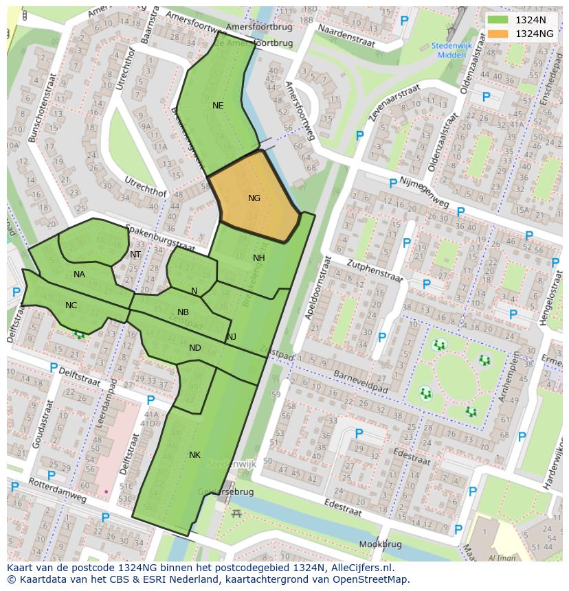 Afbeelding van het postcodegebied 1324 NG op de kaart.