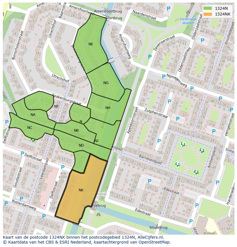 Afbeelding van het postcodegebied 1324 NK op de kaart.