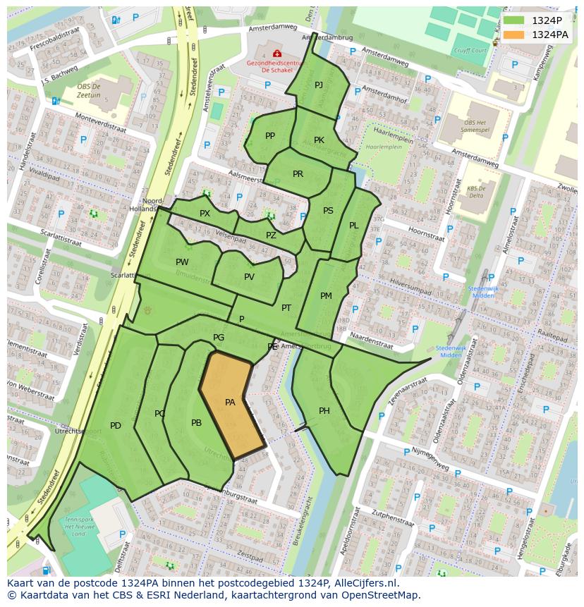 Afbeelding van het postcodegebied 1324 PA op de kaart.