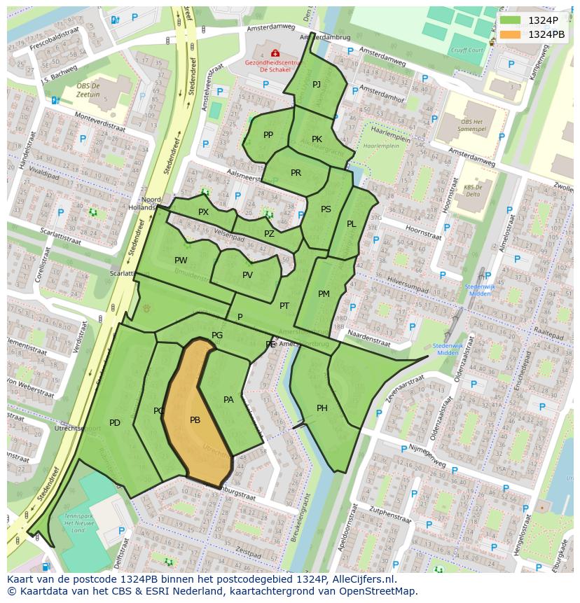 Afbeelding van het postcodegebied 1324 PB op de kaart.
