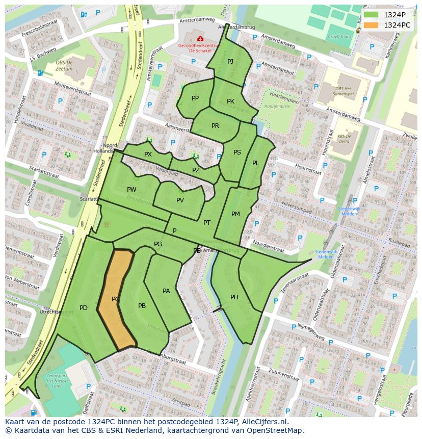 Afbeelding van het postcodegebied 1324 PC op de kaart.