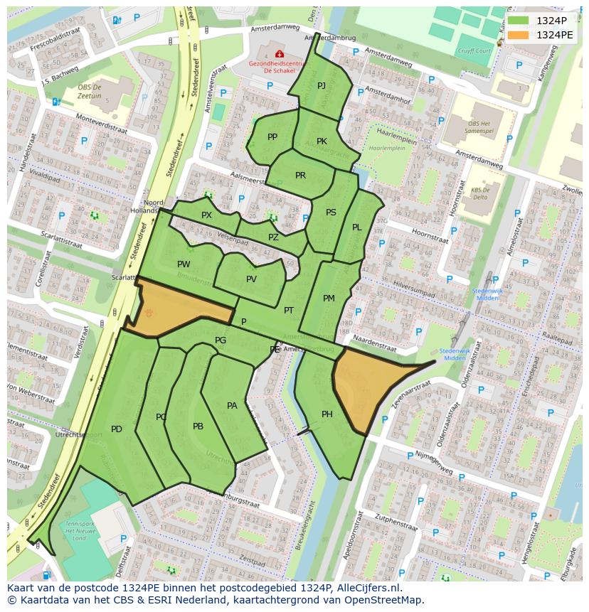 Afbeelding van het postcodegebied 1324 PE op de kaart.