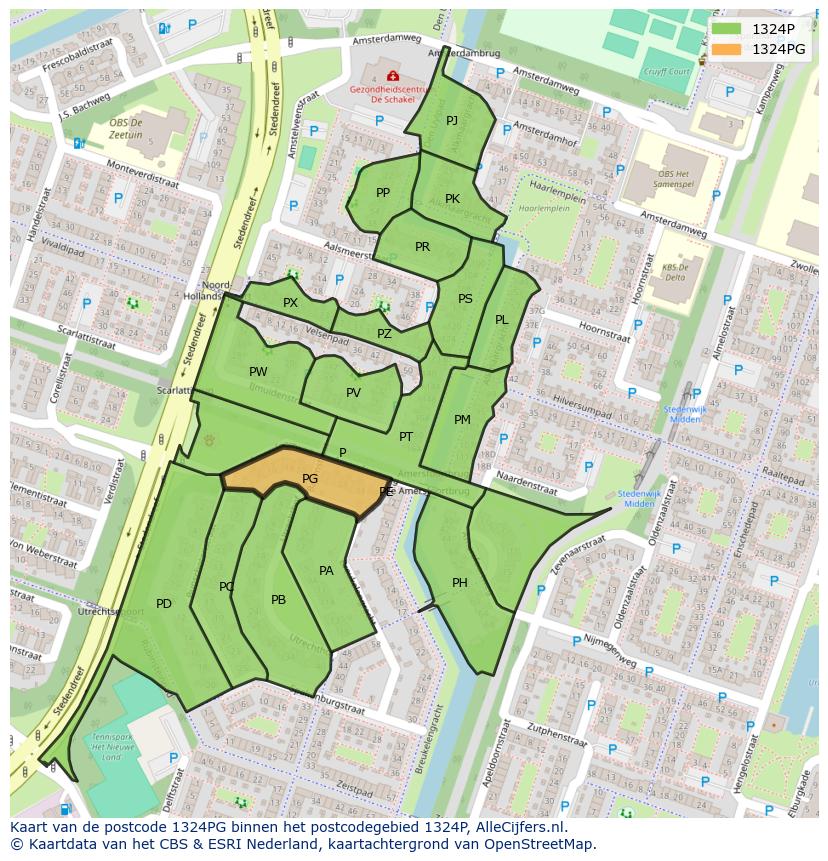 Afbeelding van het postcodegebied 1324 PG op de kaart.