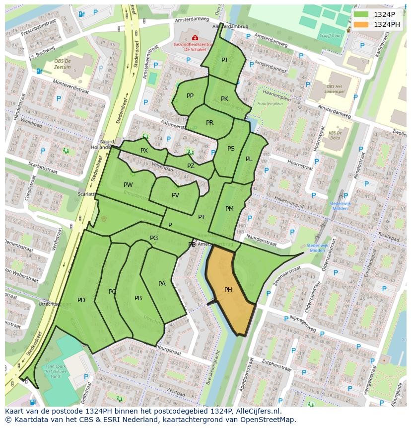 Afbeelding van het postcodegebied 1324 PH op de kaart.