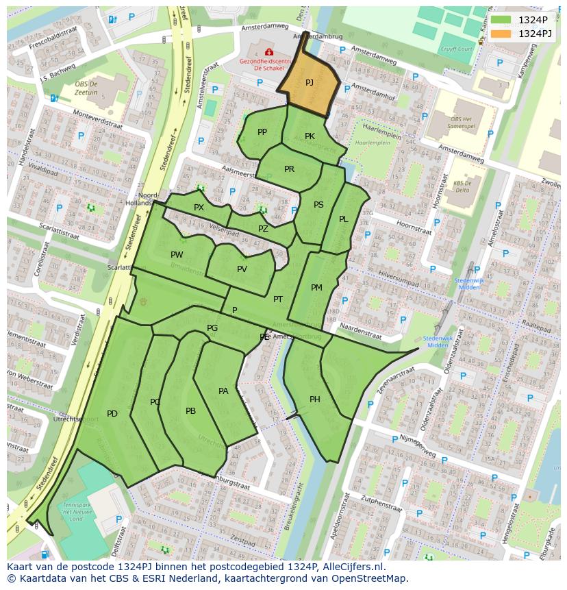 Afbeelding van het postcodegebied 1324 PJ op de kaart.