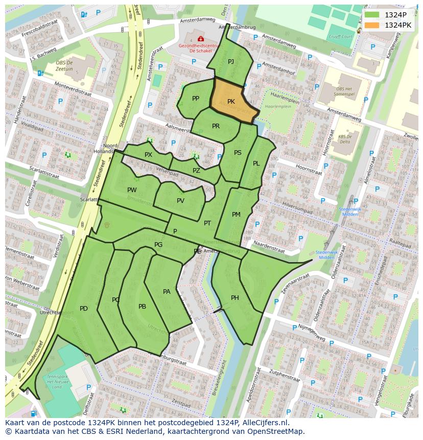 Afbeelding van het postcodegebied 1324 PK op de kaart.