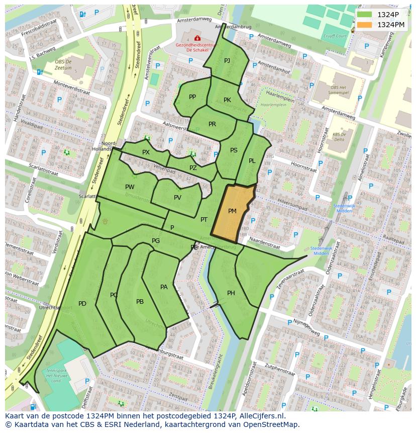 Afbeelding van het postcodegebied 1324 PM op de kaart.