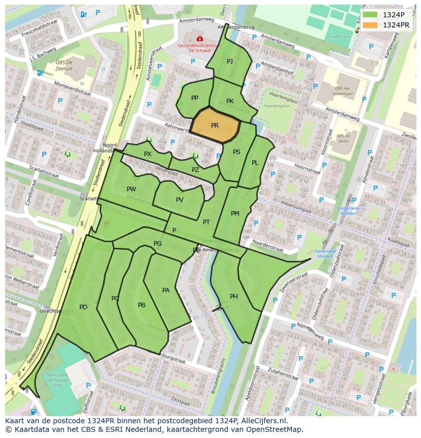 Afbeelding van het postcodegebied 1324 PR op de kaart.