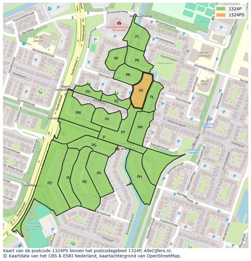 Afbeelding van het postcodegebied 1324 PS op de kaart.