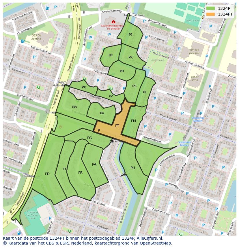 Afbeelding van het postcodegebied 1324 PT op de kaart.