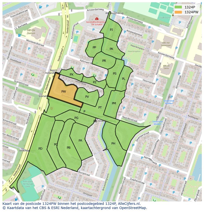 Afbeelding van het postcodegebied 1324 PW op de kaart.