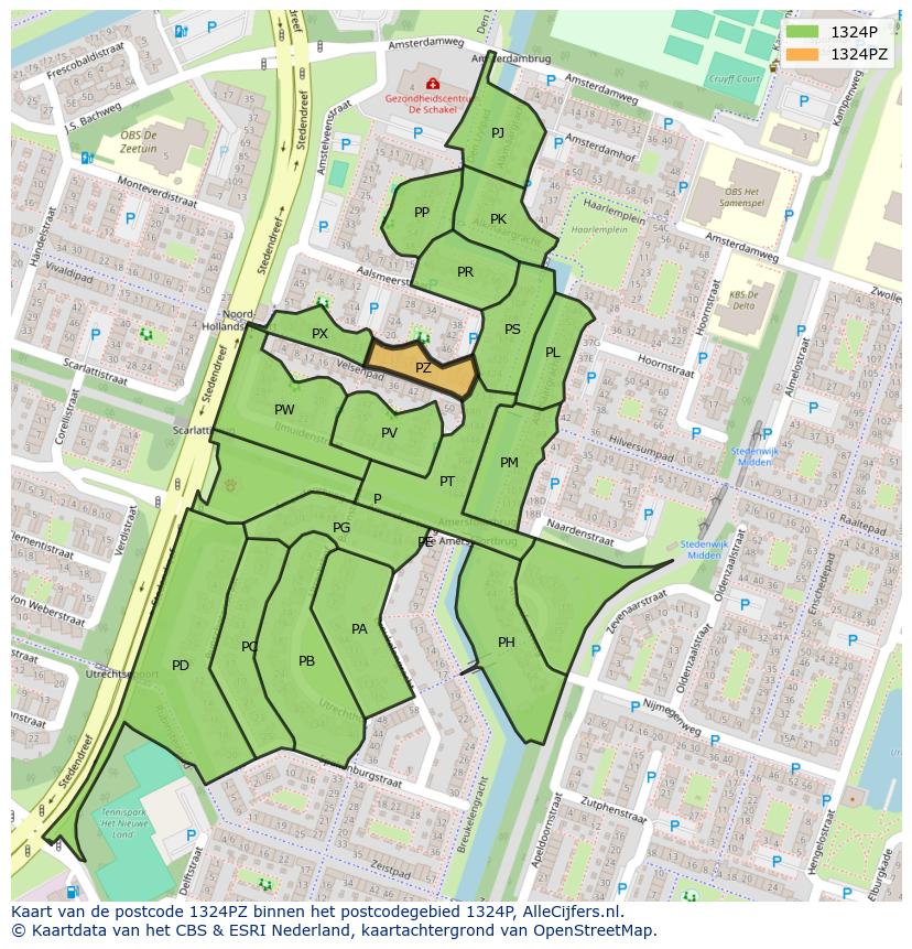 Afbeelding van het postcodegebied 1324 PZ op de kaart.
