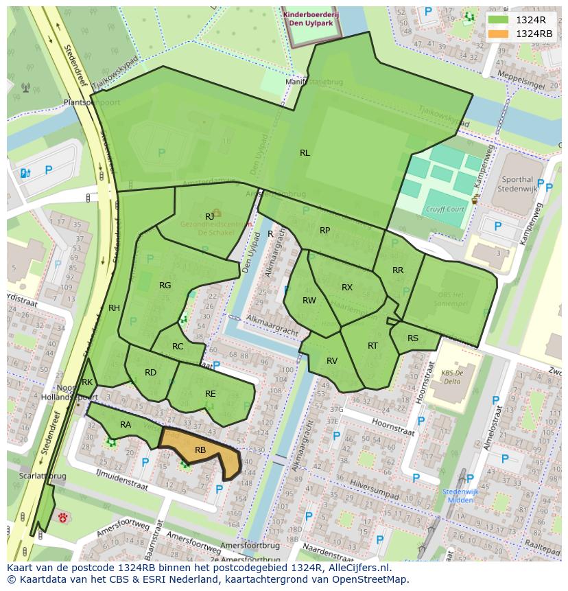 Afbeelding van het postcodegebied 1324 RB op de kaart.