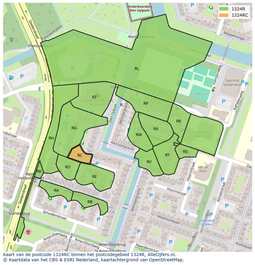 Afbeelding van het postcodegebied 1324 RC op de kaart.