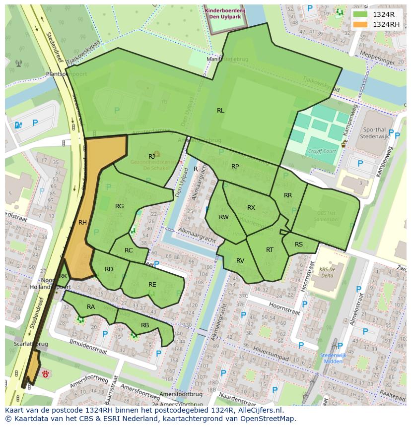 Afbeelding van het postcodegebied 1324 RH op de kaart.