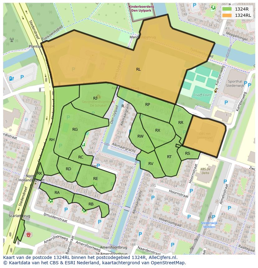 Afbeelding van het postcodegebied 1324 RL op de kaart.