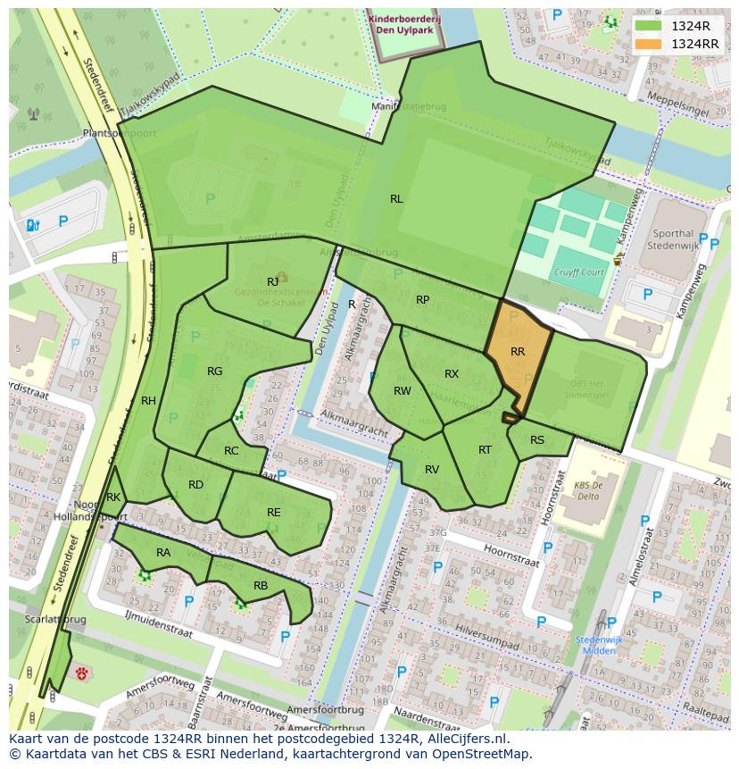 Afbeelding van het postcodegebied 1324 RR op de kaart.
