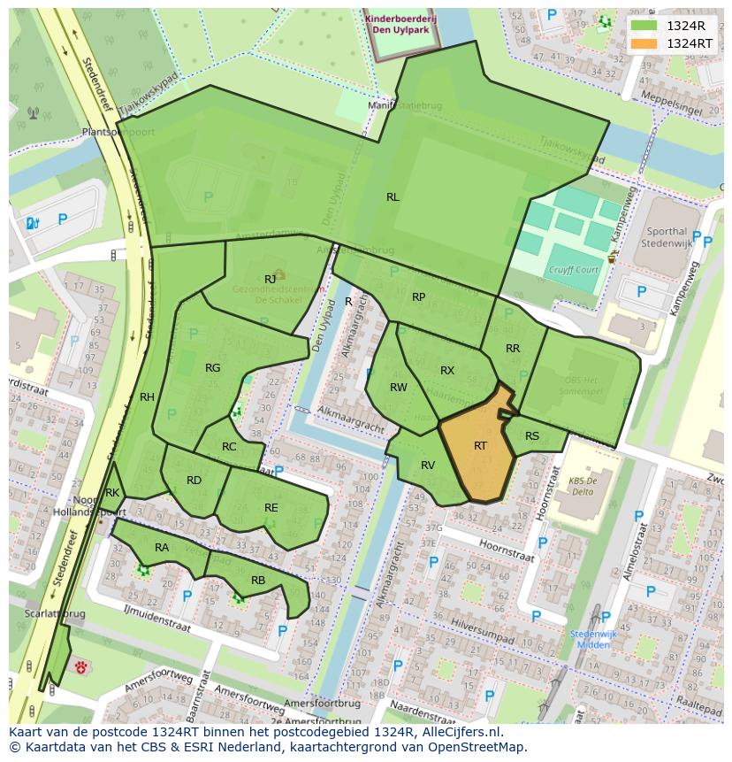 Afbeelding van het postcodegebied 1324 RT op de kaart.