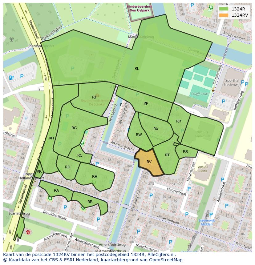 Afbeelding van het postcodegebied 1324 RV op de kaart.