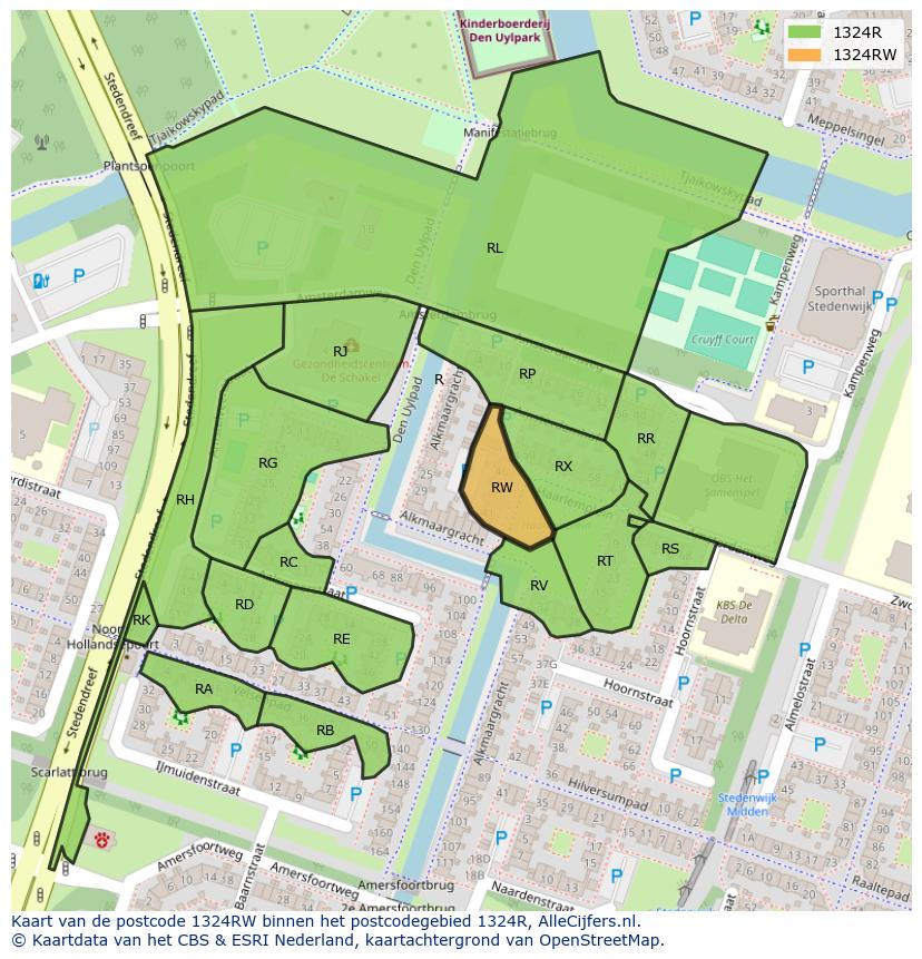 Afbeelding van het postcodegebied 1324 RW op de kaart.